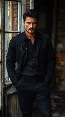 Fototapeta premium Stylish man in black attire stands confidently by a window in an urban setting, exuding charisma and elegance.