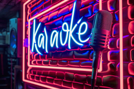 Neon karaoke sign with microphone with text KARAOKE, music bar setting