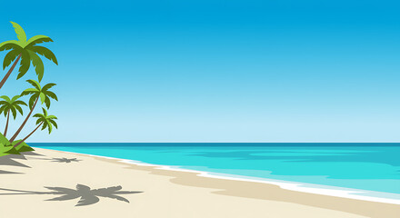 Obraz premium Wide Tropical Beach Illustration with Palm Trees and Blue Ocean