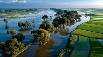 Obraz premium Aerial view of lush rice fields in thailand nature background with asian landscape serenity