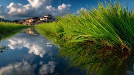 Fototapeta premium Lush green rice fields reflecting sky rural thailand nature photography tranquil environment asian viewpoint
