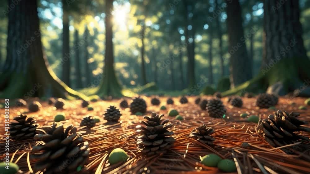 Poster lush forest floor filled with pine cones and green acorns illuminated by soft sunlight filtering thr