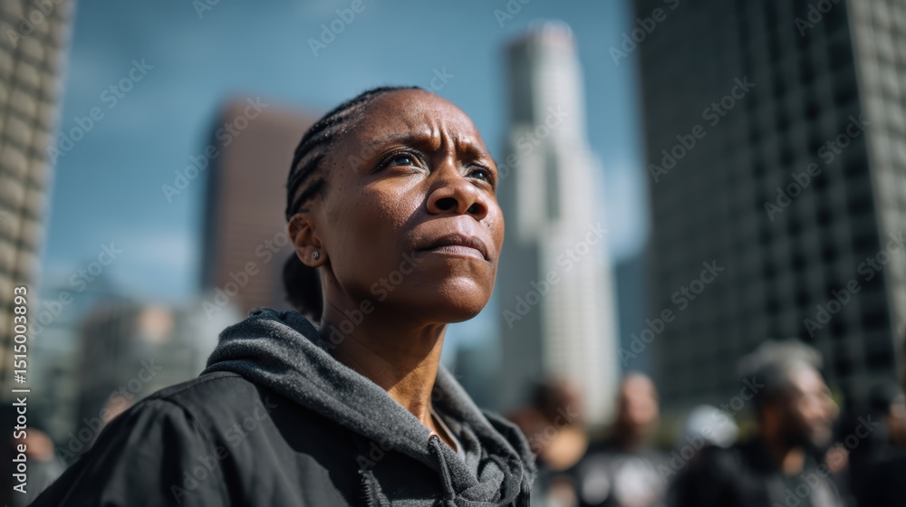 Poster powerful image of protester with determined expression, standing against backdrop of urban buildings