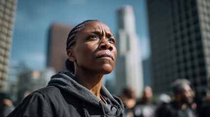 Fototapeta premium Powerful image of protester with determined expression, standing against backdrop of urban buildings, showcasing resilience and strength in face of adversity