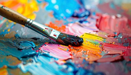 Fototapeta premium Creative artists in the studio express a colorful range of emotions through abstract red, blue, yellow, and green acrylic and oil paint, bringing their artistic visions to life with brushes