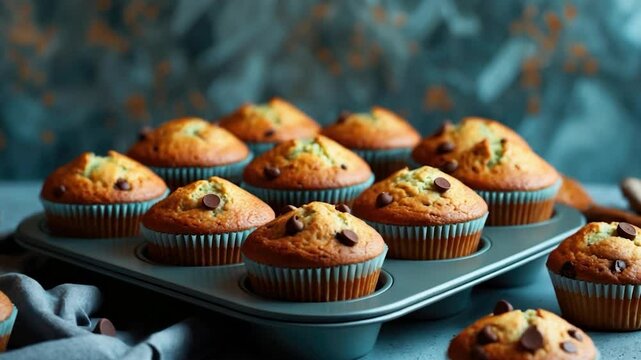 Freshly baked chocolate chip muffins displayed in a gray muffin tray, showcasing a golden-brown top and mini chocolate chips, against a softly lit, textured background.