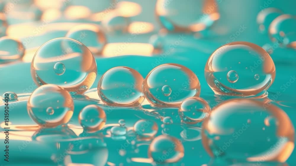 Poster vibrant turquoise water surface adorned with luminous bubbles of varying sizes, creating a visually 