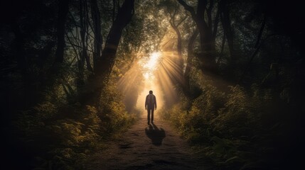 Sunlight pierces through the morning mist on a forest path, revealing a serene landscape of green trees and autumn woods, where a woman walks amidst the tranquil beauty of nature
