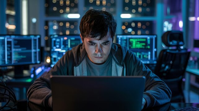 Focused programmer working late on laptop