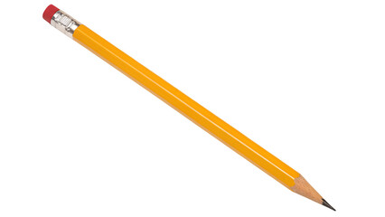 A single yellow pencil with a red eraser on a white background is lying diagonally across the image