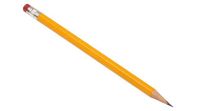 A yellow number two pencil with a red eraser and silver ferrule on a plain white background surface area
