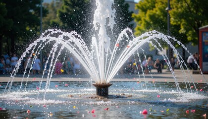 Water fountain in urban park with flowing streams sunlit ambiance
