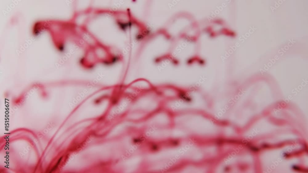 Poster close up of red ink swirling and mixing in water creating abstract shapes