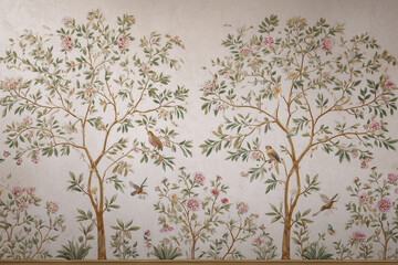 High-resolution photo of a traditional Mughal-style tree wall mural design, featuring symmetrical, hand-painted trees with delicate floral motifs, perched birds, and ornate foliage.