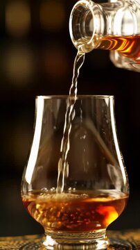 Golden Whiskey Fills Glencairn Glass: Sophisticated Spirit Pour - Vertical Video Detail
