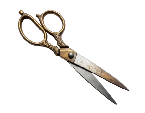 Vintage Tailor Scissors with Brass Handle, Lying Flat on White Background PNG