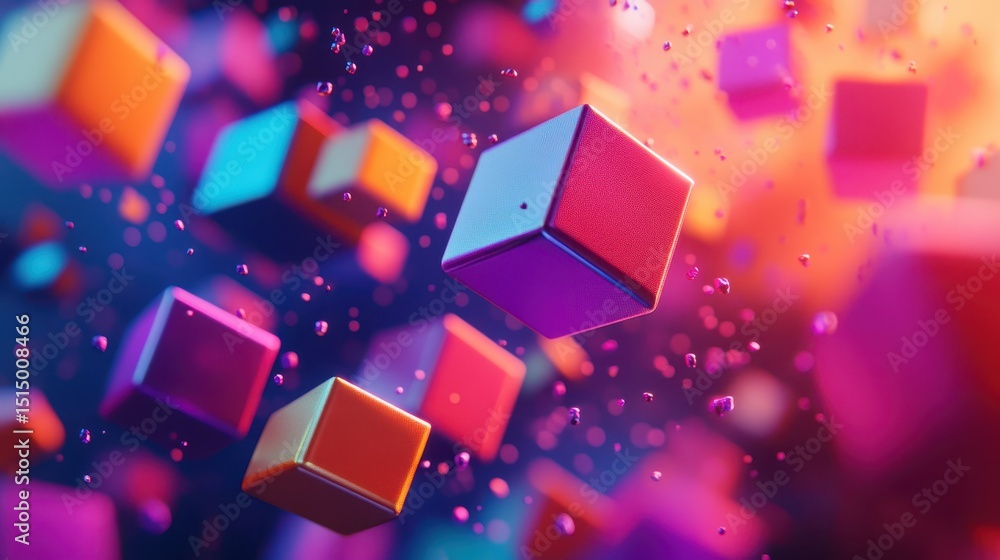 Poster colorful cubes float amongst particles, creating a vibrant and abstract scene. use this for technolo