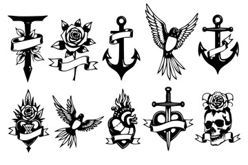 Naklejka premium Vintage Tattoo Skull Floral Design Collection bundle