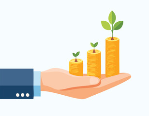 Flat design image of a hand presenting stacked coins with a green plant sprouting, illustrating the idea of money nurturing, profit, and long-term financial planning on a bright clean backdrop.