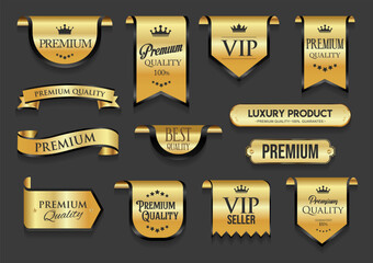 black and gold luxury labels and badges gold premium quality certificate ribbons vector illustration