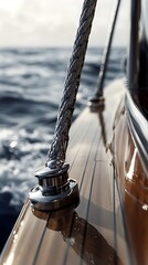 Obraz premium Nautical Rope on Shiny Wood Deck with Chrome Fixture, Ocean Backdrop