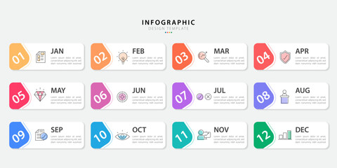 Timeline Creator infographic template. 12 months timeline journey, 1 year calendar infographics design template. presentation graph. Business concept with 12 options or steps, vector illustration.