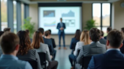 Fototapeta premium Business Conference Presentation Blurred Audience Engaged in Corporate Seminar with Graph Projector Display, Meeting, and Professional Speaker