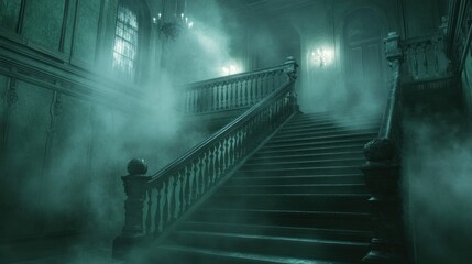 Mysterious foggy staircase in a vintage mansion interior.