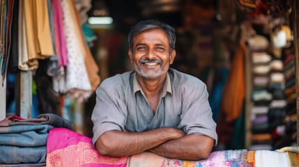 Happy mature Indian shopkeeper smiling at his textile shop.