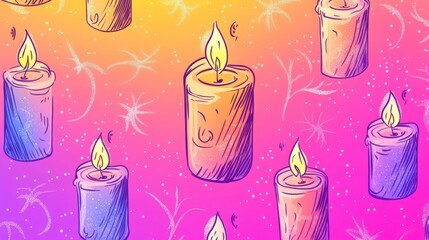 Colorful hand-drawn candles on a vibrant gradient background with a whimsical star pattern.