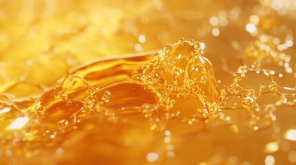Close-up of golden liquid with bubbles and splashes.