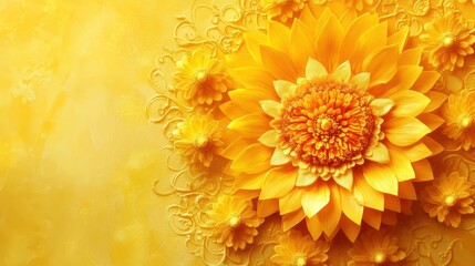 Golden yellow floral arrangement, textured background.