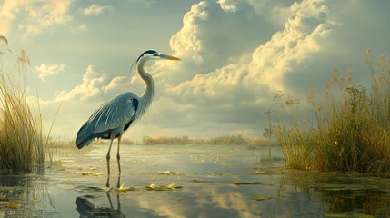 Great blue heron wading in calm water at sunrise, surrounded by reeds and reflecting clouds.