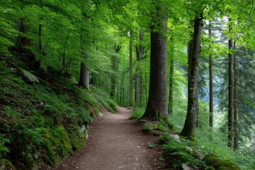 Obraz premium Forest path amidst tall trees green foliage and mosscovered ground