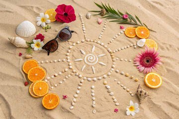 Summer Solstice Mandala on Sandy Beach with Shells, Flowers, and Sunglasses