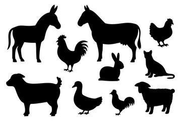 Silhouette collection of farm animals including donkeys chickens sheep and a cat in black color