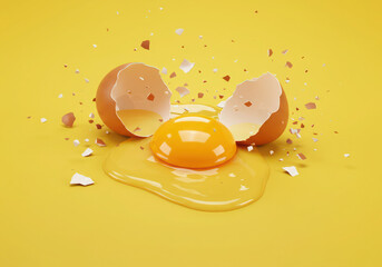 Cracked egg on yellow background, fresh eggs, egg yolk, broken eggshell, cooking ingredient, breakfast food