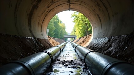 Underground Pipeline Tunnel Water Flowing, Infrastructure, Construction, Nature, Sunlight, Perspective, Environment.