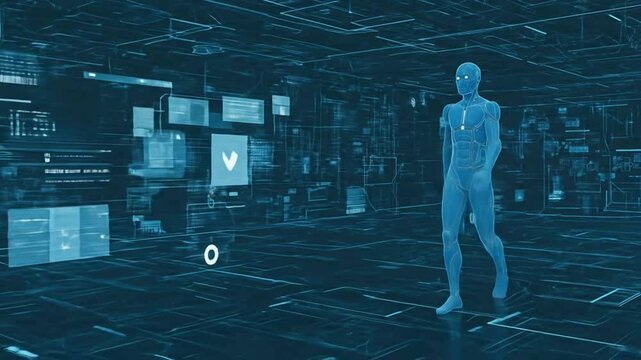 Digital human hologram in high-tech control room	