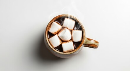 Hot chocolate in ceramic mug with melting marshmallow. Cozy winter drink with steam on white background. Sweet beverage for cold season and christmas.