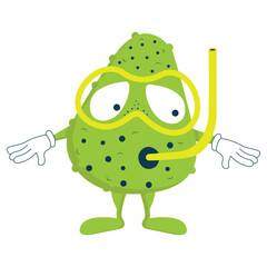 A cute green cartoon monster with a bumpy texture, wearing yellow snorkeling gear and white gloves, standing on a white background.