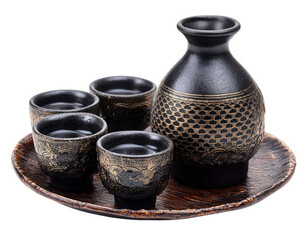 Elegant sake set featuring decorative black ceramic bottle and matching cups, beautifully arranged on wooden tray. Perfect for traditional Japanese dining experiences