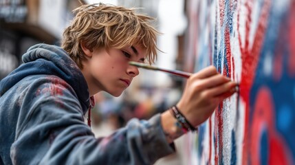 Teenage boy painting a colorful urban mural with intense focus during an outdoor street art session ideal for youth creativity visuals, urban culture promotion and artistic expression themes