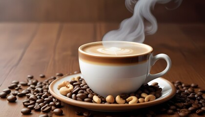 Cup of coffee with beans on saucer in morning light