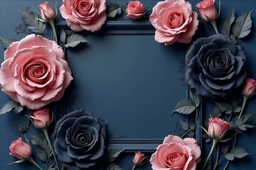 Sophisticated black rose invitation with muted pink and navy blue highlights. 