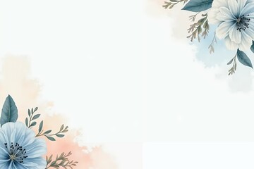Refined pastel wedding invite with floral corners in baby blue and pale coral. 