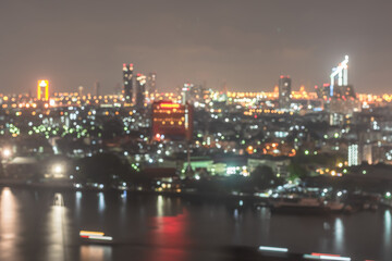 City blur background rooftop party view cityscape business hotel, corporate office building landscape on river bank, blurry night lights skyline nightlife bokeh