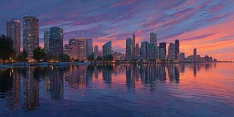 Fototapeta premium Bright Sunset Over Vibrant City Skyline Reflected in Calm Waters at Dusk