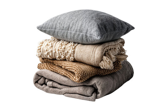 Stack of cozy folded blankets with a soft gray pillow on top, isolated on transparent background. Textured fabrics in neutral tones evoke warmth and comfort