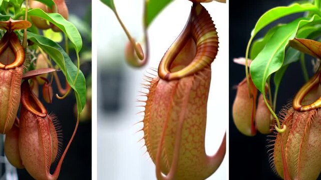 AI Generated image of 4k video nepenthes pitcher plant, a carnivorous exotic tropical flora with green leaves, hanging vines, and dew drops, a botanical nature garden